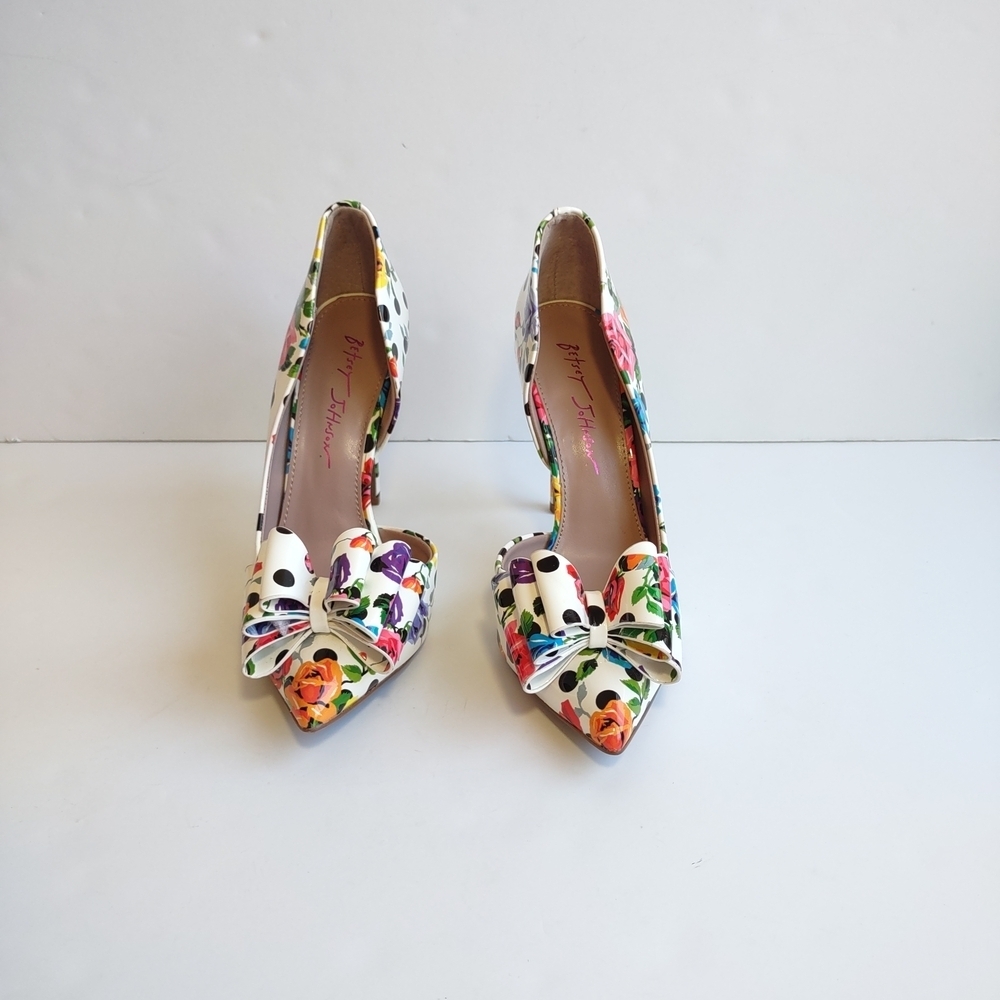 🌸 BETSEY JOHNSON Floral & Polka Dot Pointed Toe Bow Heels Size 7.5 - Picture 4 of 11